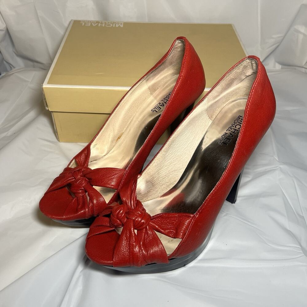 Michael Kors Womens Red Leather Twisted Knot Peep Toe Platform Heels Size 10M - Picture 3 of 11